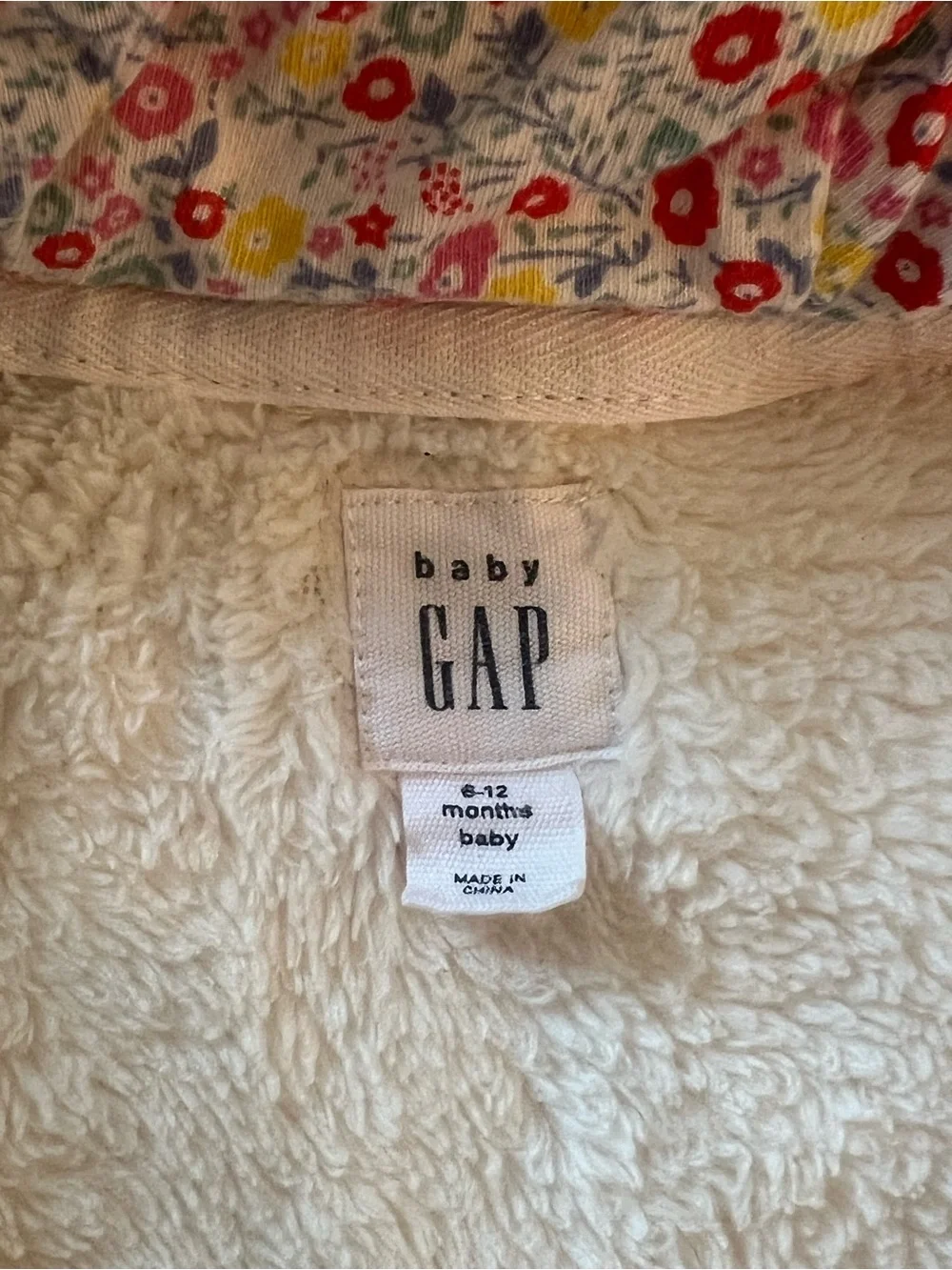 Baby GAP Cream Sherpa Jacket with Floral Cuff Detail and Bear Ears